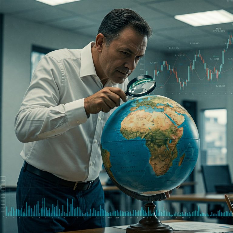 한 남성이 지구본을 보고 있으며, 경제 관점에서 글로벌 시장을 분석하는 모습.
