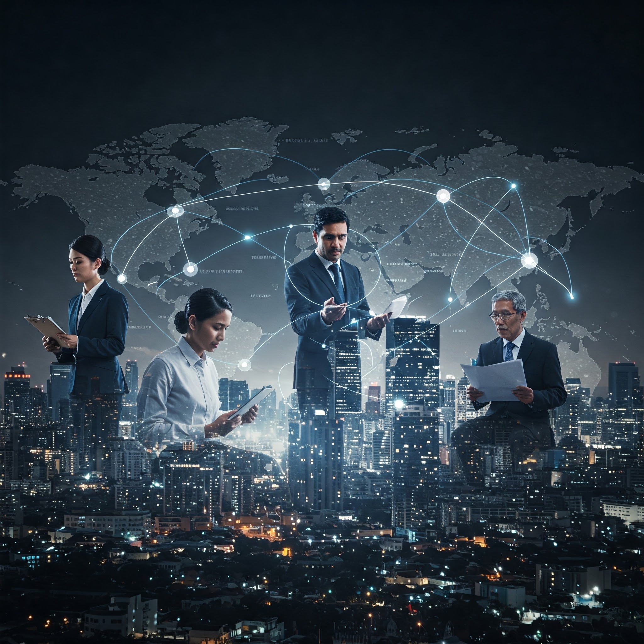 전 세계 경제를 나타내는 고품질의 전문적인 이미지로, 무역 경로와 금융 흐름을 나타내는 상호 연결된 선이 있는 번화한 도시 풍경을 묘사합니다. 남아시아 CEO와 여성 주식 중개인을 포함한 다양한 사업가 그룹이 협상 또는 거래에 참여하는 모습이 묘사됩니다. 이 이미지는 역동적이고 복잡한 글로벌 경제의 특성을 나타내기 위해 고대비 요소를 중심으로 생생한 색상 팔레트를 특징으로 합니다. 카메라 앵글은 글로벌 환경에 대한 포괄적인 관점을 제공하는 와이드 샷이며, 이미지는 역동성과 글로벌 상호 연결성을 포착하는 영화 같은 느낌을 줍니다. 글로벌 재테크 시장의 역동적인 흐름을 시각적으로 나타냅니다.