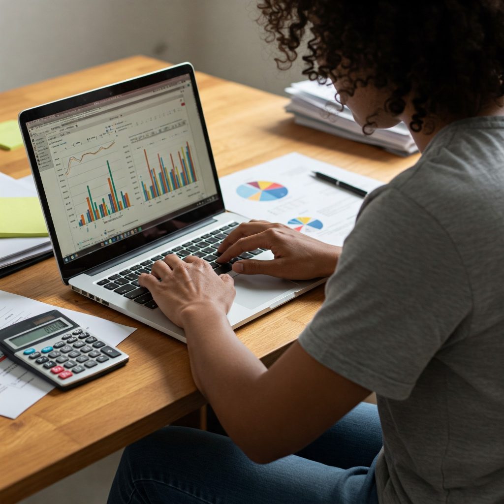 갈색 곱슬머리를 가진 사람이 어수선한 나무 책상에 앉아 랩톱 화면의 재테크 관련 그래프에 집중하고 있습니다. 편안한 회색 티셔츠와 청바지를 입고 있으며, 투자 데이터에 몰두하며 손가락이 키보드 위를 맴돌고 있습니다. 밝은 색상의 계산기가 랩톱 옆에 놓여 있고, 버튼이 빛을 반사합니다. 주식, 펀드, 부동산 관련 서류와 투자 분석 자료가 책상에 흩어져 있어 바쁜 재테크 분석 작업 환경을 나타냅니다. 조명은 밝고 중립적이며, 선명한 디테일의 날카로운 이미지를 만듭니다. 배경은 의도적으로 초점이 흐려져 사람과 집중된 자세를 강조합니다. 구도는 랩톱 화면과 사람의 손을 강조하여 복잡한 재테크 투자 정보를 분석하는 집중된 표정을 포착합니다.