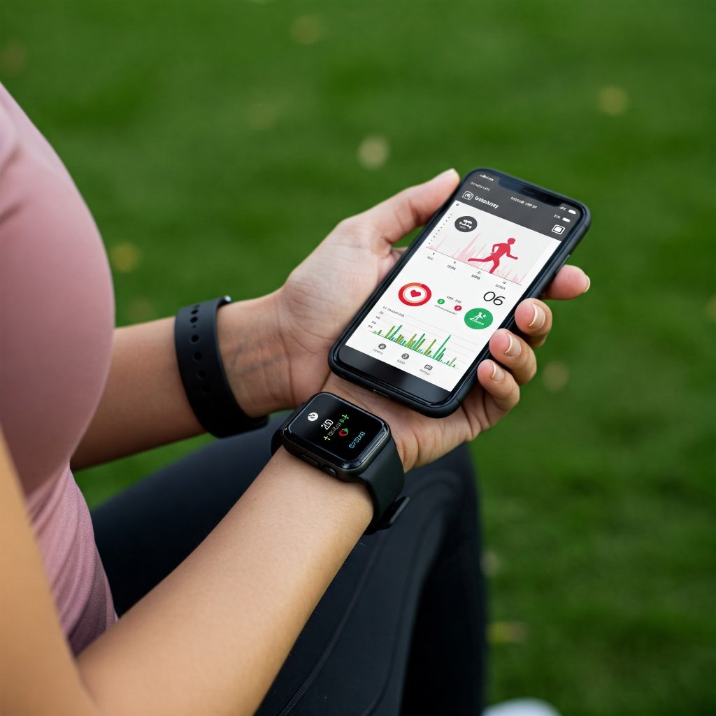 휴대폰으로 건강 관련 앱을 확인하는 여성