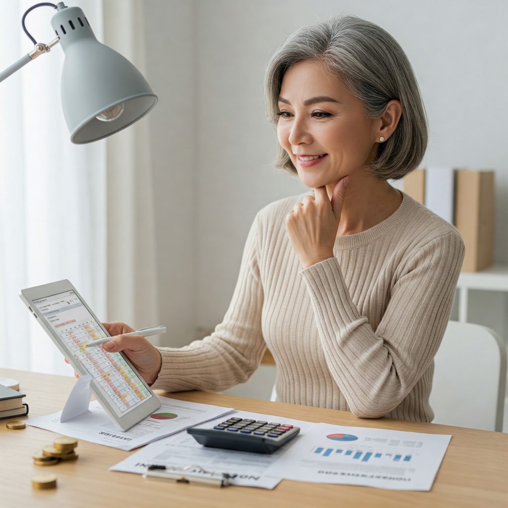 한 여성이 종이를 보며 웃고 있고, 책상 위에는 계산기가 놓여 있음. 성공적인 재테크를 암시하는 장면.