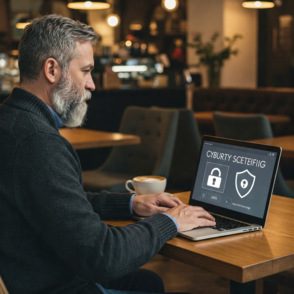 남성이 노트북 화면을 보고 있으며, 노트북 화면에는 디지털 보안 관련 내용이 표시되어 있는 모습.