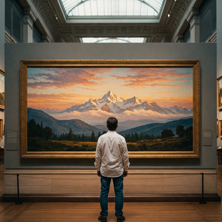 미술관에서 정면으로 그림을 감상하는 남성