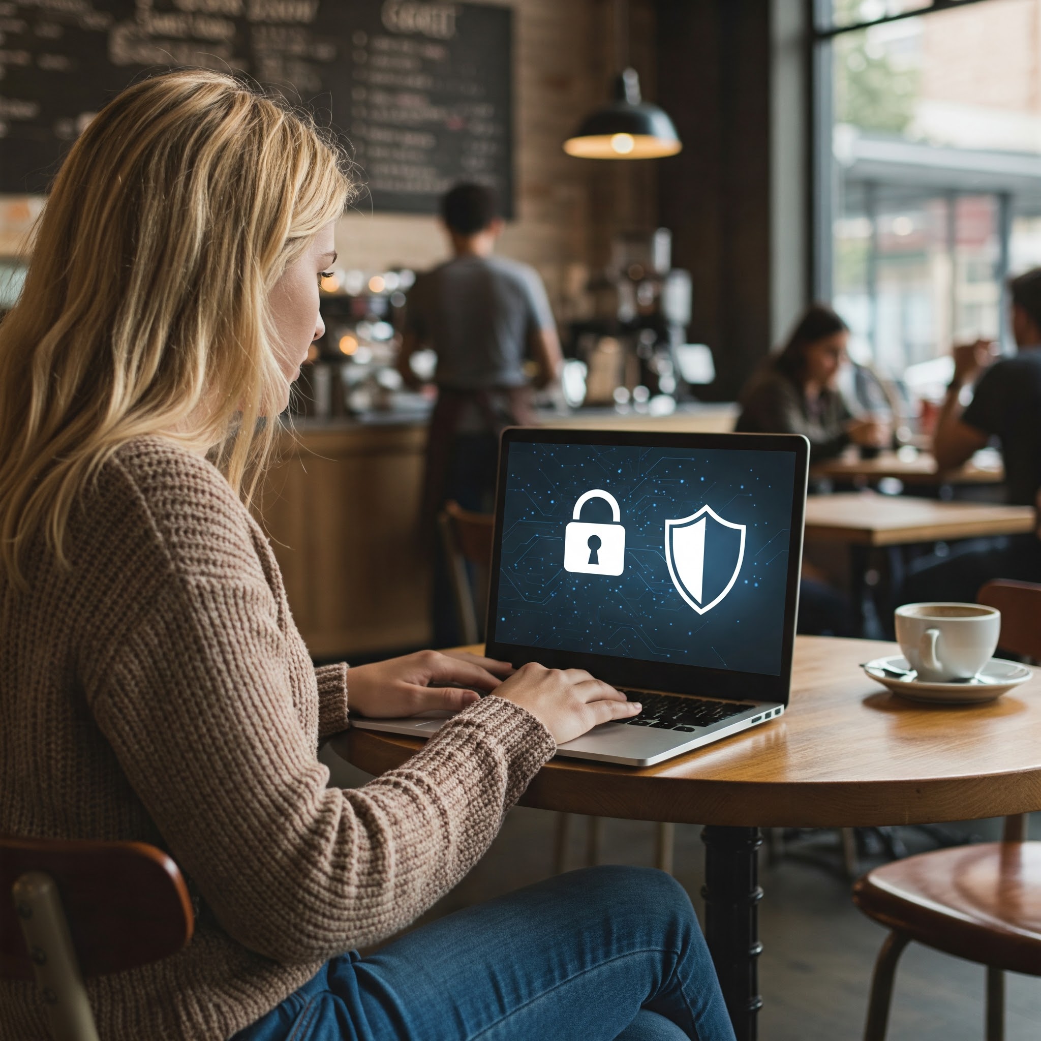 여성이 노트북 화면을 보고 있으며, 화면에는 디지털 보안 관련 정보가 표시되어 있는 모습.