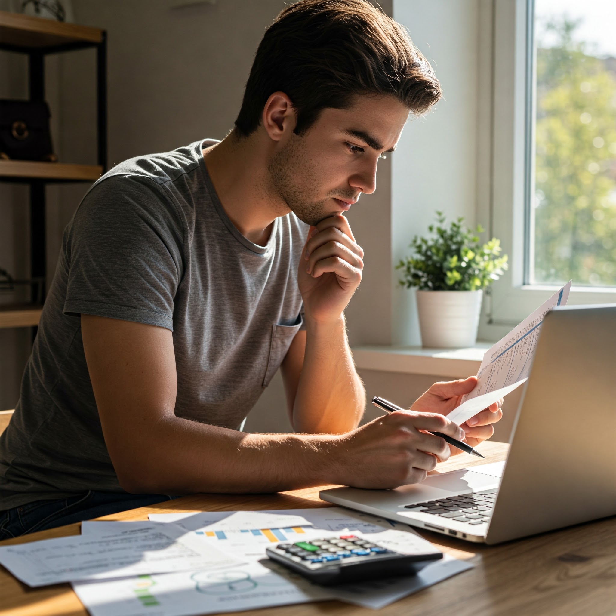한 남성이 종이를 보고 있으며, 책상 위에는 노트북과 계산기가 놓여 있음. 재테크 계획하는 모습.