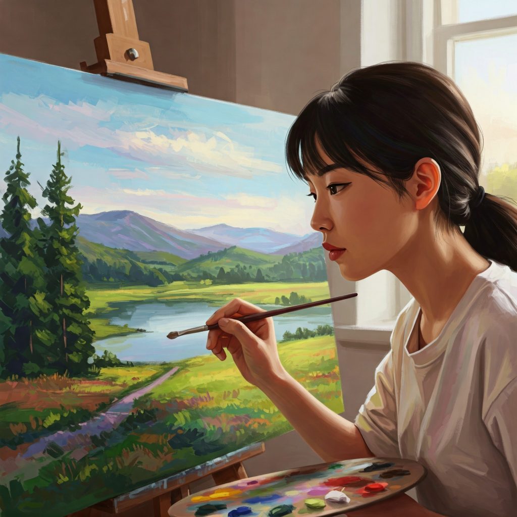 배경 그림을 그리고 있는 여성