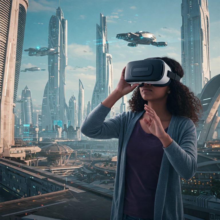 VR 체험을 하는 여성, 미래적인 도시 배경