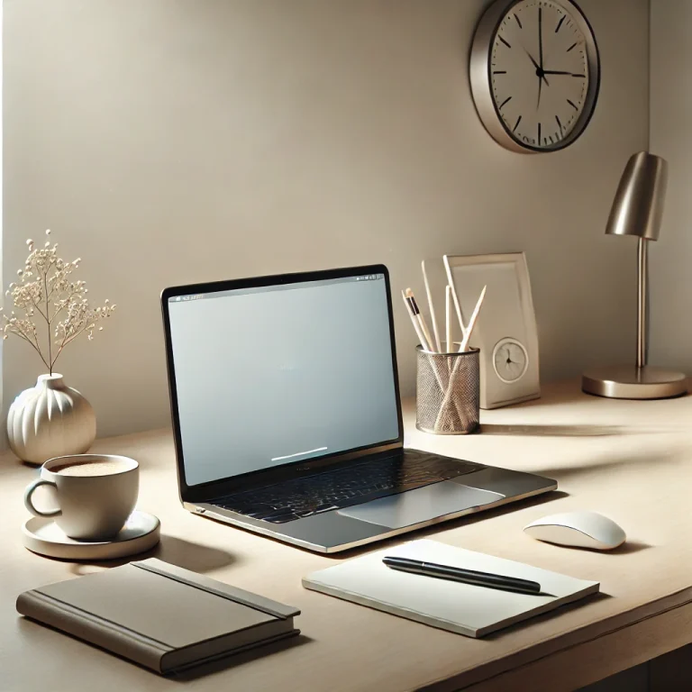 미니멀리즘 작업 공간: 단순한 테이블 위에 놓인 노트북.