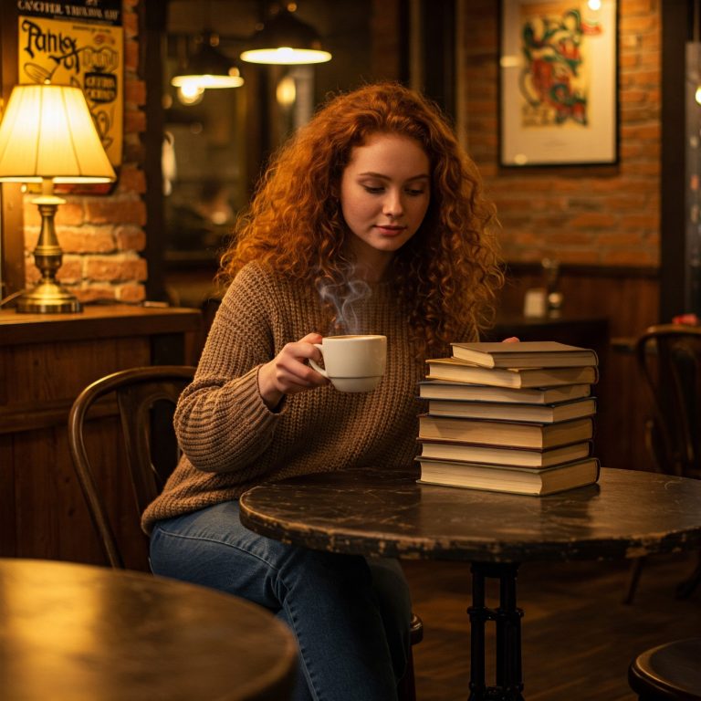 책상에 책들을 쌓아놓고 커피를 마시는 여성