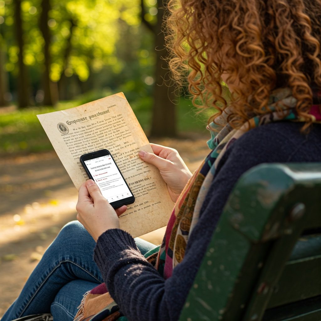 종이 한 장을 휴대폰으로 번역하고 있는 여성