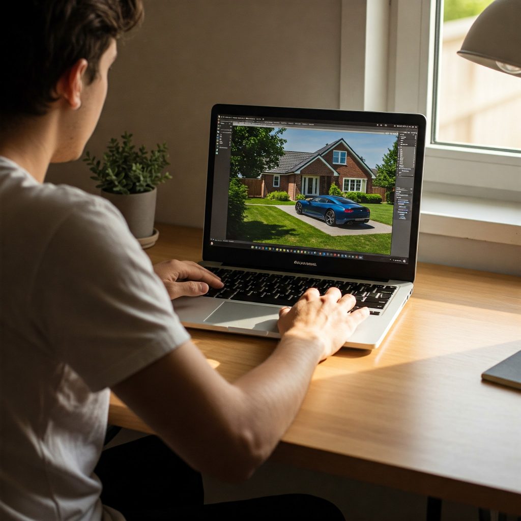 책상에서 노트북을 보고 있는 남성, 화면에 자동차와 집이 표시됨