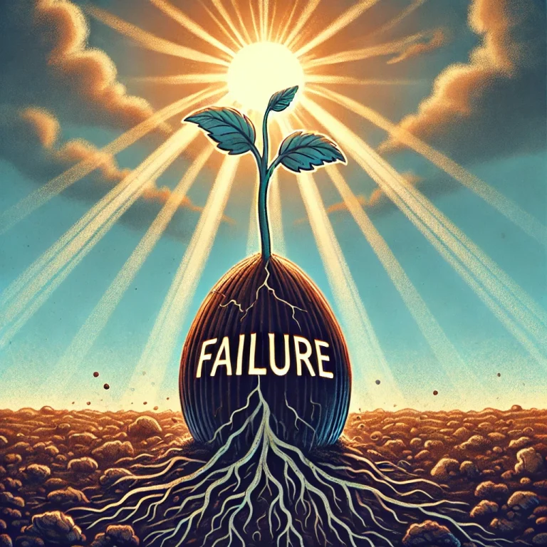 어두운 흙 속에 '실패'라고 적힌 씨앗이 심겨 있고, 그곳에서 뿌리가 뻗어나며 '성장'이라는 새싹이 태양을 향해 자라고 있는 이미지.