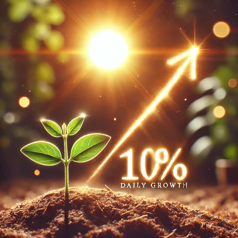 하루 1% 성장 의미를 담은 이미지. 작은 새싹이 흙에서 돋아나며, 배경에는 밝은 태양이 떠 있어 점진적인 성장을 상징함.