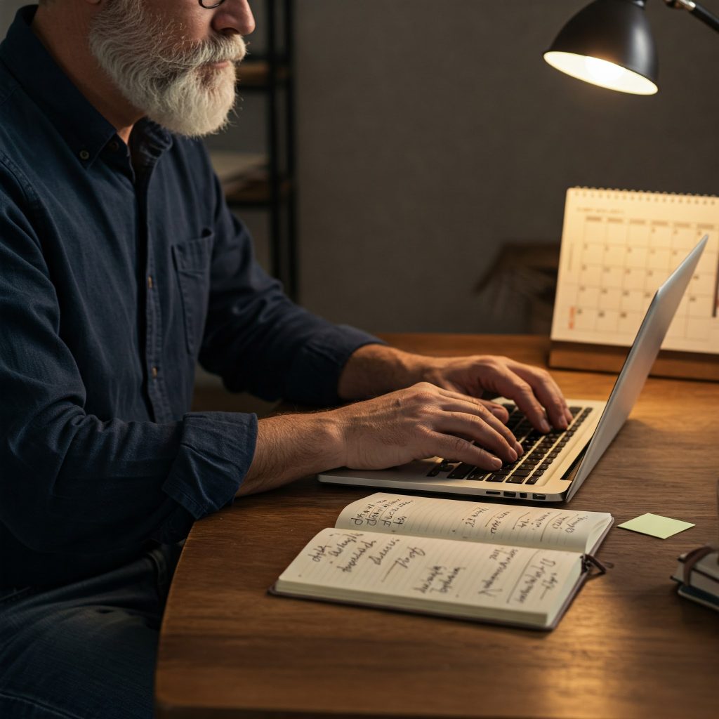 중년 남성이 노트북으로 작업하며 수첩에 적힌 할 일 목록을 확인하고 있습니다. 책상에는 달력이 놓여 있으며, 효율적인 시간 관리와 계획 수립의 중요성을 보여줍니다.
