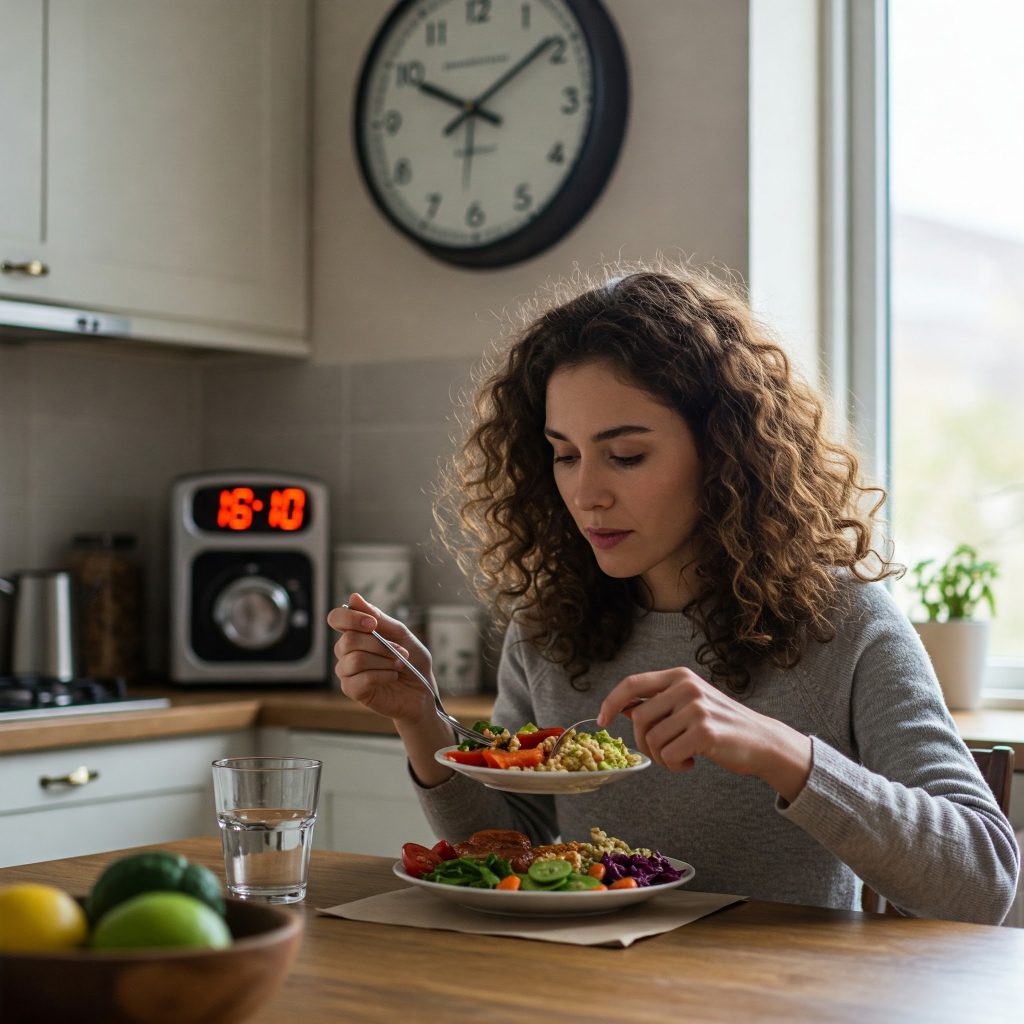 16:8 간헐적 단식, 실천하는 여성이 건강한 식사를 즐기고 있습니다. 균형 잡힌 식단은 간헐적 단식의 효과를 극대화하는 데 도움을 줍니다.