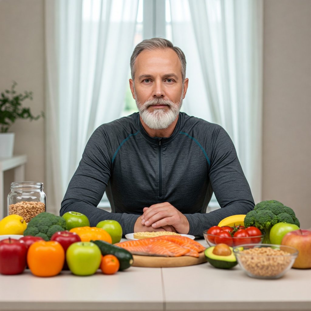 깔끔하게 다듬어진 수염을 가진 중년 남성이 편안한 운동복을 입고 다채롭고 건강한 음식으로 가득 찬 식탁에 앉아 있다. 방은 부드러운 자연광이 창문을 통해 들어오는 밝은 분위기이다. 남성은 차분하고 단호한 표정으로 건강한 식사를 즐기며 편안함과 웰빙을 느끼고 있다. 이 이미지는 남성이 건강한 식습관을 일상생활에 성공적으로 통합하여 편안하고 균형 잡힌 식단을 유지하고 있음을 보여준다. 그의 자세는 자신감을 드러내고 표정은 만족감과 자기 관리를 나타낸다. 장면에는 다양한 과일, 채소, 통곡물이 포함되어 균형 잡힌 영양가 있는 다이어트 식단을 강조한다.