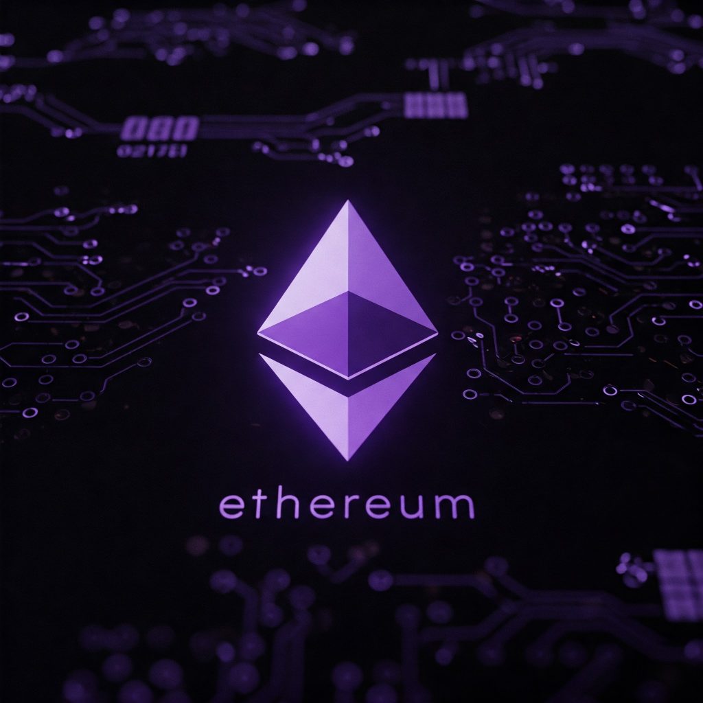 보라색과 흰색의 불꽃 모양 디자인인 이더리움 로고의 상세하고 고해상도의 예술적 렌더링. 로고는 검은색 배경의 중앙에 위치하며, 그 아래에는 명확하고 굵은 흰색 글꼴로 'Ethereum'이라는 텍스트가 쓰여 있습니다. 로고 주변에는 복잡하게 상호 연결된 노드와 회로가 있어 블록체인 네트워크의 복잡한 구조와 복잡성을 나타냅니다. 이 이미지는 사이버펑크 미학에서 영감을 받은 스타일로 렌더링되어 대담한 색상과 생생한 팔레트로 공상과학과 기술의 요소를 결합합니다.