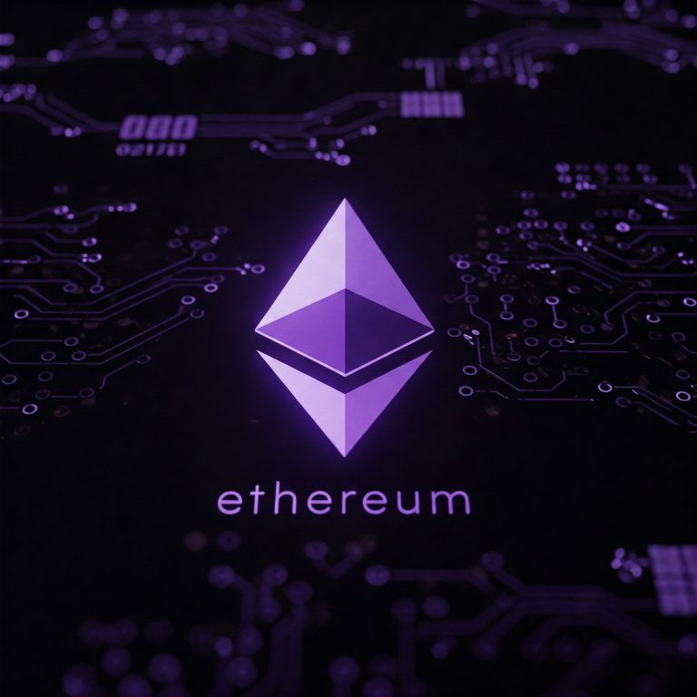보라색과 흰색의 불꽃 모양 디자인인 이더리움 로고의 상세하고 고해상도의 예술적 렌더링. 로고는 검은색 배경의 중앙에 위치하며, 그 아래에는 명확하고 굵은 흰색 글꼴로 'Ethereum'이라는 텍스트가 쓰여 있습니다. 로고 주변에는 복잡하게 상호 연결된 노드와 회로가 있어 블록체인 네트워크의 복잡한 구조와 복잡성을 나타냅니다. 이 이미지는 사이버펑크 미학에서 영감을 받은 스타일로 렌더링되어 대담한 색상과 생생한 팔레트로 공상과학과 기술의 요소를 결합합니다.