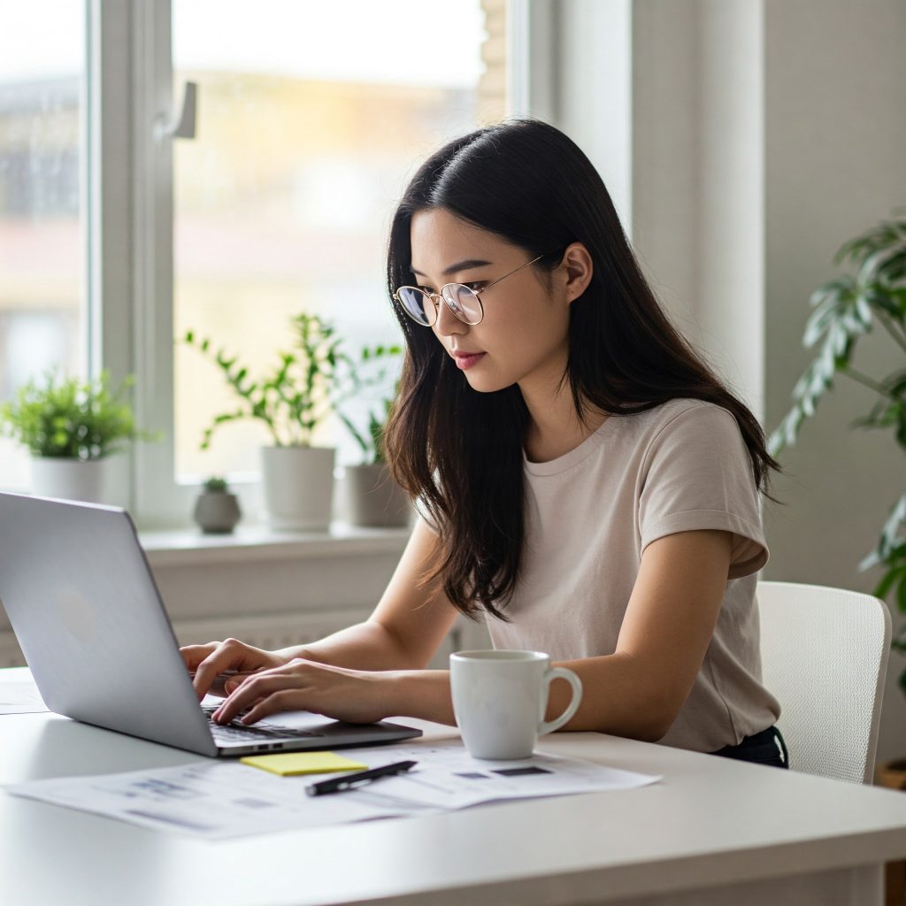 세련된 안경을 쓴 젊은 아시아 여성이 미니멀한 흰색 책상에 앉아 노트북으로 디자인 프로젝트에 몰두하고 있다. 책상 옆에는 김이 나는 커피잔이 놓여 있다. 그녀 뒤의 큰 창문을 통해 부드러운 자연광이 흘러나와 작업 공간을 따뜻하고 매력적으로 비춘다. 배경은 은은하게 흐릿하며, 몇 개의 화분이 장면을 생동감 있게 만든다. 그녀의 자세는 편안하면서도 집중되어 있어 쾌적하고 생산적인 작업 환경을 암시한다. 얕은 피사계 심도로 그녀의 집중된 표정과 작업 공간의 생생한 색상을 강조한 밝고 전문적인 사진이다. 습관, 힘을 보여주는 꾸준함이 느껴진다.