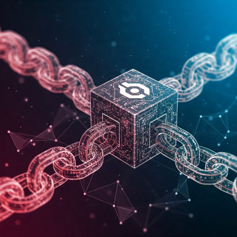 블록체인, 암호화폐 거래를 나타내는 상호 연결된 블록들의 상세하고 고품질의 일러스트레이션. 각 블록은 고유한 암호화 해시와 타임스탬프를 가지며, 불변 원장의 특성을 보여주는 체인으로 연결되어 있습니다. 네트워크를 통해 연결된 컴퓨터로 표현된 노드를 통해 블록체인 기술의 탈중앙화 및 투명성을 나타냅니다. 배경은 블록체인의 디지털 및 무형의 특성을 나타내는 파란색과 보라색의 그라데이션입니다. 3D 렌더링 스타일을 사용하여 블록체인의 탈중앙화 특성을 나타내는 상호 연결된 노드 네트워크를 보여줍니다. 이미지의 전체적인 스타일은 깔끔하고 기술적이며, 기술의 핵심인 보안, 투명성 및 불변성의 개념을 전달합니다.