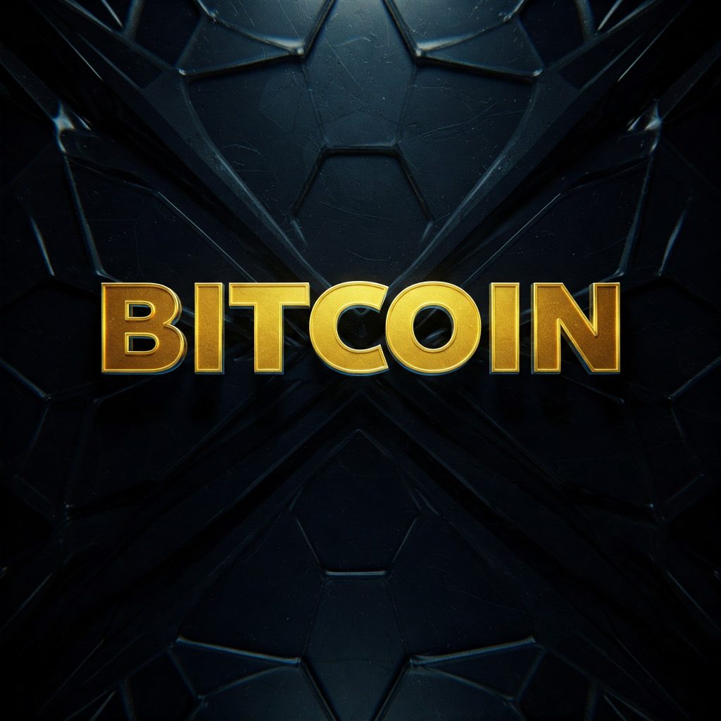 굵고 스타일리시한 글꼴로 '비트코인'이라는 단어가 눈에 띄게 표시된 비트코인 로고입니다. 이 로고는 매끄럽고 현대적인 스타일로 디자인되었으며, 금속 마감과 미묘한 색상 그라데이션이 적용되었습니다. 배경은 어둡고 추상적인 패턴으로, 블록체인 기술의 복잡성과 보안성을 나타냅니다.