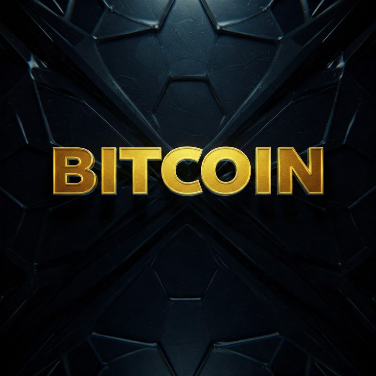 굵고 스타일리시한 글꼴로 '비트코인'이라는 단어가 눈에 띄게 표시된 비트코인 로고입니다. 이 로고는 매끄럽고 현대적인 스타일로 디자인되었으며, 금속 마감과 미묘한 색상 그라데이션이 적용되었습니다. 배경은 어둡고 추상적인 패턴으로, 블록체인 기술의 복잡성과 보안성을 나타냅니다.